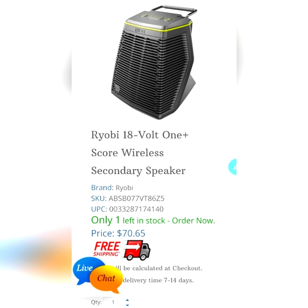 Ryobi 18v score wireless Bluetooth secondary speaker NWT